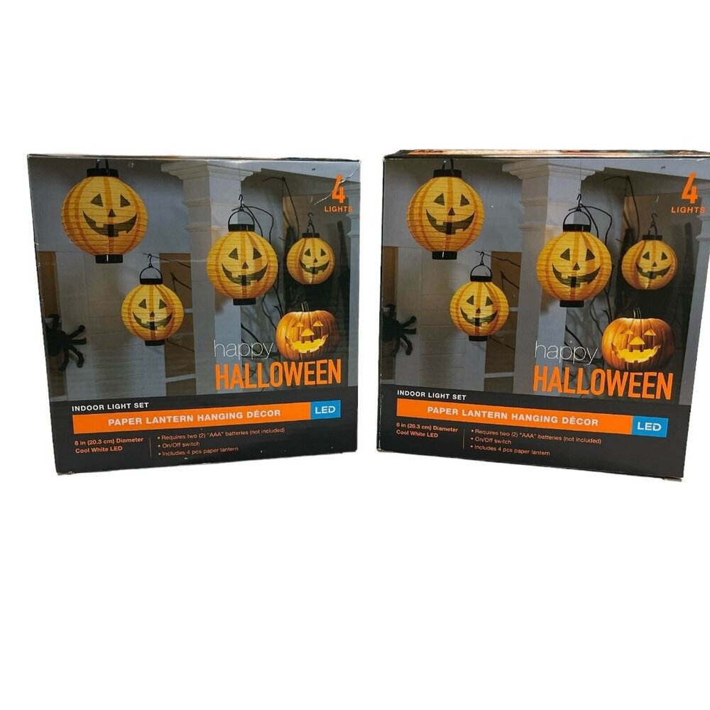 Happy Halloween Pumpkin Paper Lantern Led Light Hanging Decor Indoor Set 2 Boxes